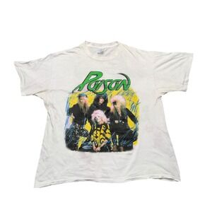 Spring Ford Poison Band T-Shirt Mens XXL White Good Vintage 80s Glam Metal Rock